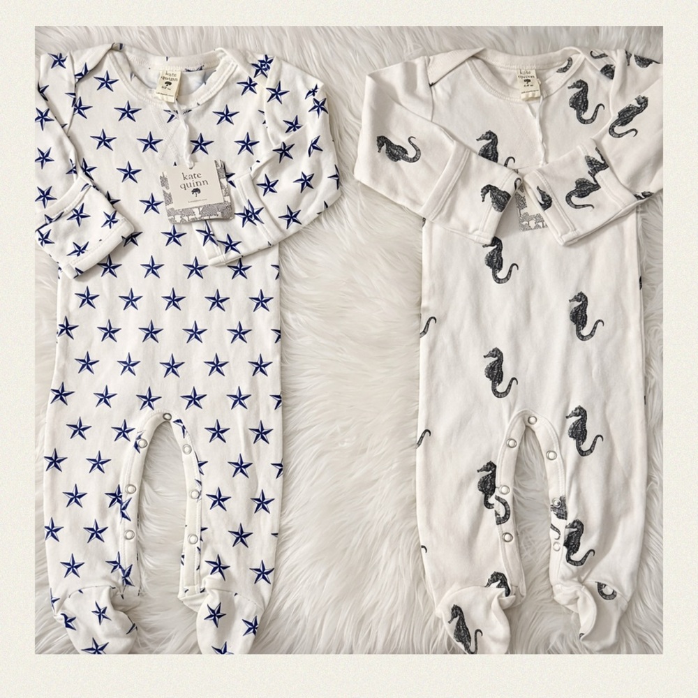 NWT TWO Kate Quinn Organic cotton Footies. Blue Stars and Seahorses 6-9